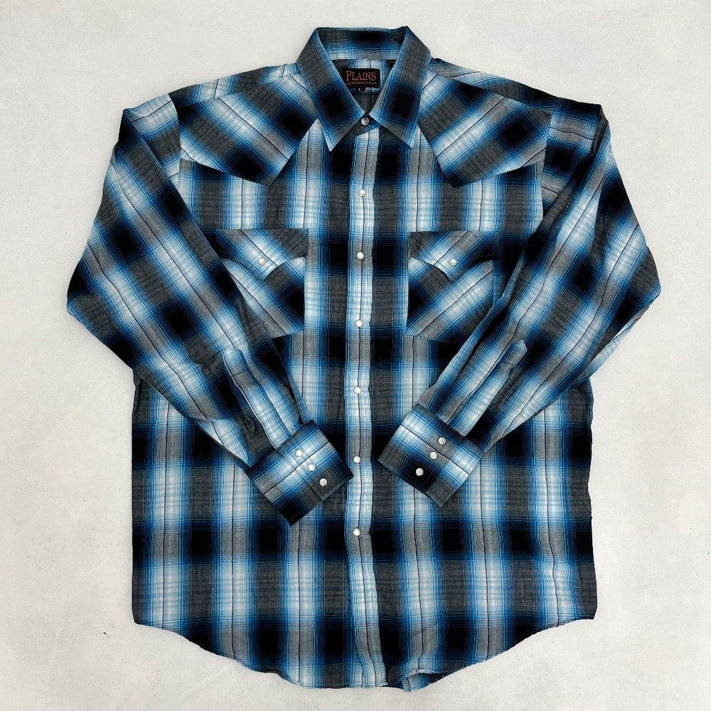 Plains Mens Size L Button Up Western Wear‎ Shirt Blue Black Plaid Pearl Snap